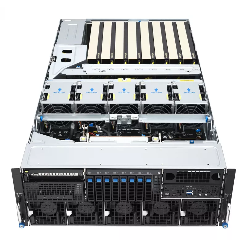 Rack serveris ASUS ESC8000A-E13 (4U) Sudraba krāsā — LGA 6096, AMD EPYC, DDR5, līdz 3 TB, 24 DIMM, 2× CPU, 3200 W barošanas bloks