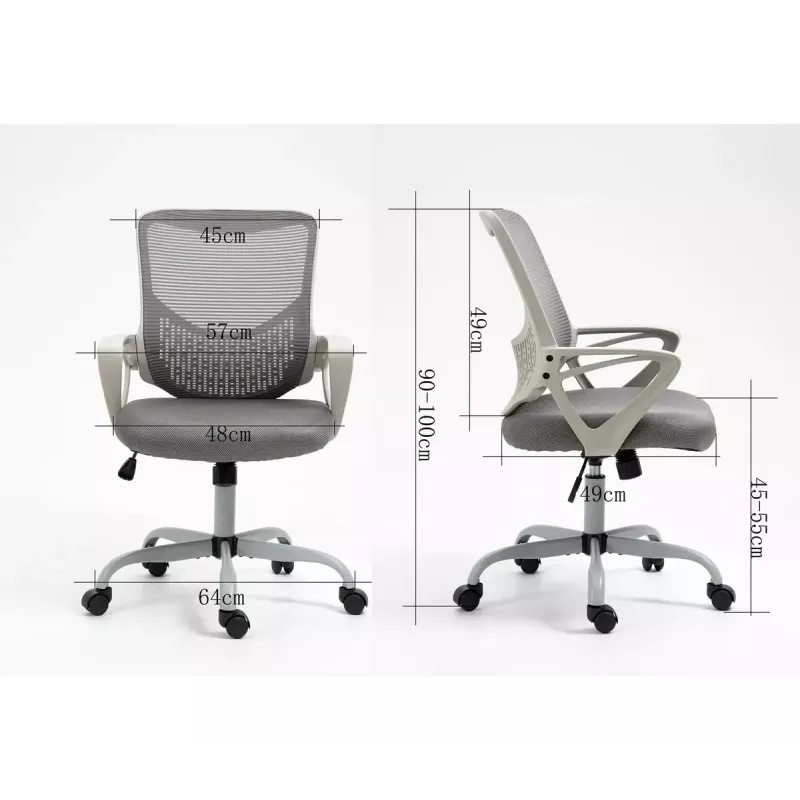 Biroja grozāmais krēsls ActiveJet YK507 — polsterēts sēdeklis, sieta atzveltne, auduma apdare pelēkā krāsā, augstums 90–100 cm, atzveltnes platums 45 cm