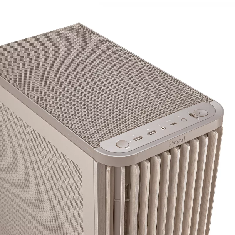 PC korpuss ASUS ProArt PA401 Wood Mesh PWM Bēšs — ATX, koks, 2×160 mm priekšā, 1×120 mm aizmugurē, 2×3,5 collu + 2×2,5 collu nodalījumi