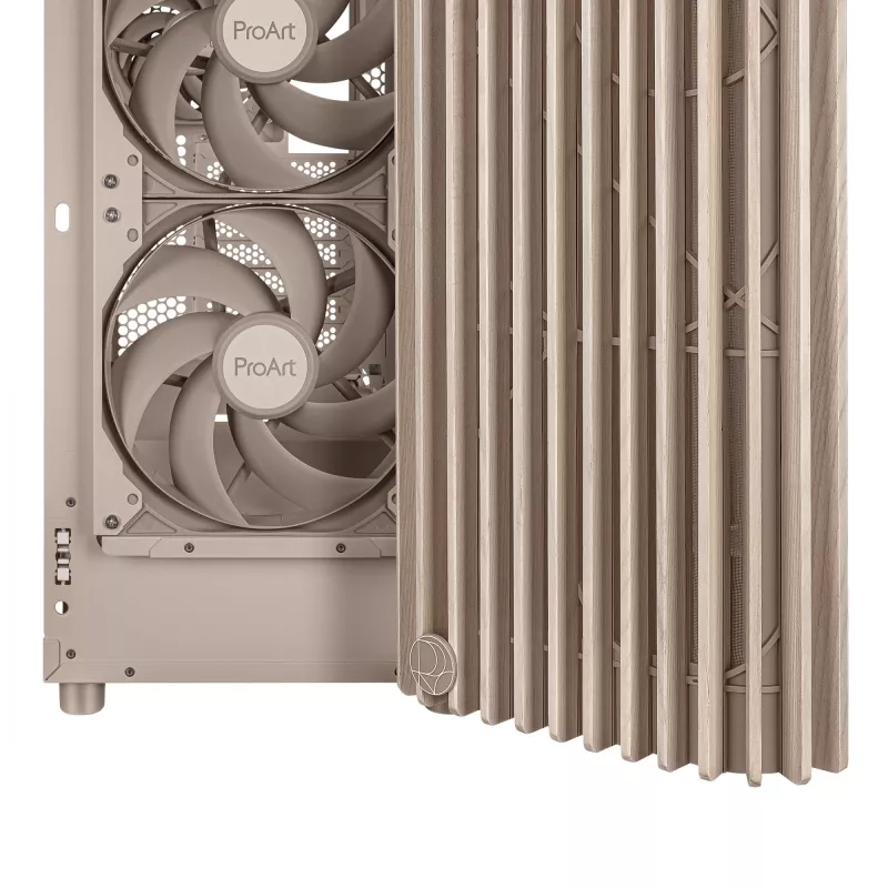 PC korpuss ASUS ProArt PA401 Wood Mesh PWM Bēšs — ATX, koks, 2×160 mm priekšā, 1×120 mm aizmugurē, 2×3,5 collu + 2×2,5 collu nodalījumi