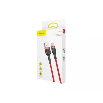 USB-A–USB-C kabelis Baseus Cafule — USB 2.0 A→C, atbalsta QC3.0 uzlādi, neilona pinums, sarkans
