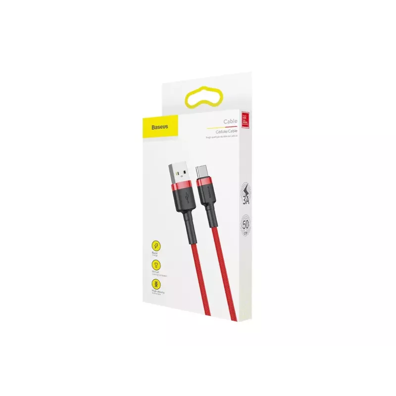 USB-A–USB-C kabelis Baseus Cafule — USB 2.0 A→C, atbalsta QC3.0 uzlādi, neilona pinums, sarkans