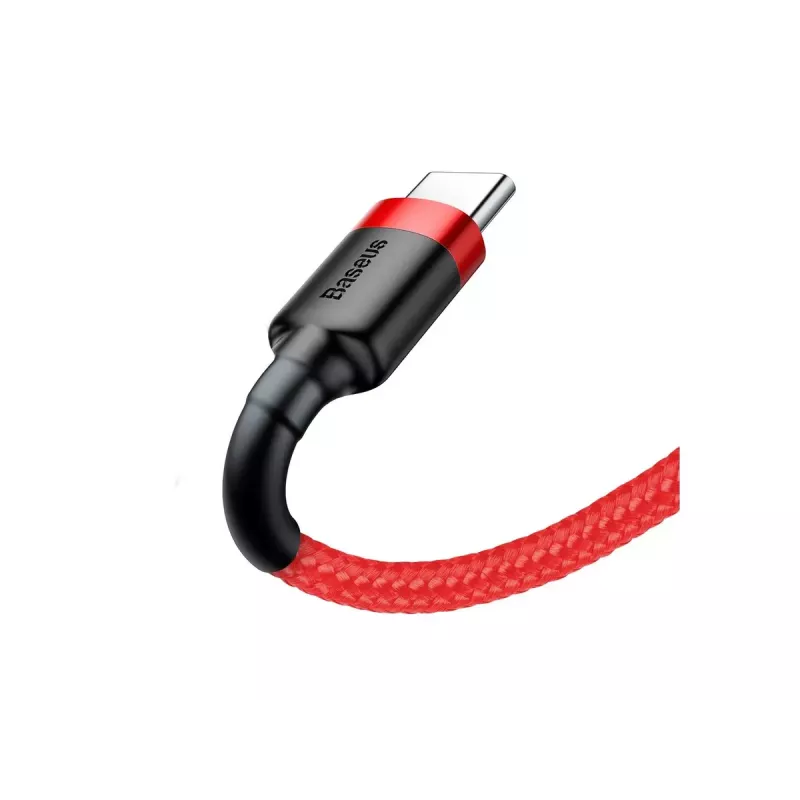 USB-A–USB-C kabelis Baseus Cafule — USB 2.0 A→C, atbalsta QC3.0 uzlādi, neilona pinums, sarkans