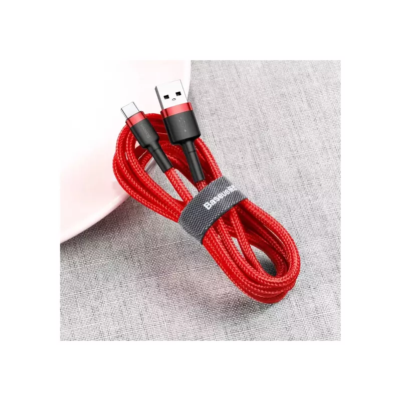 USB-A–USB-C kabelis Baseus Cafule — USB 2.0 A→C, atbalsta QC3.0 uzlādi, neilona pinums, sarkans