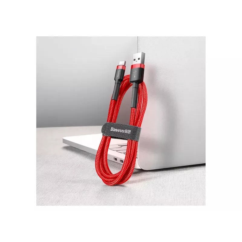USB-A–USB-C kabelis Baseus Cafule — USB 2.0 A→C, atbalsta QC3.0 uzlādi, neilona pinums, sarkans
