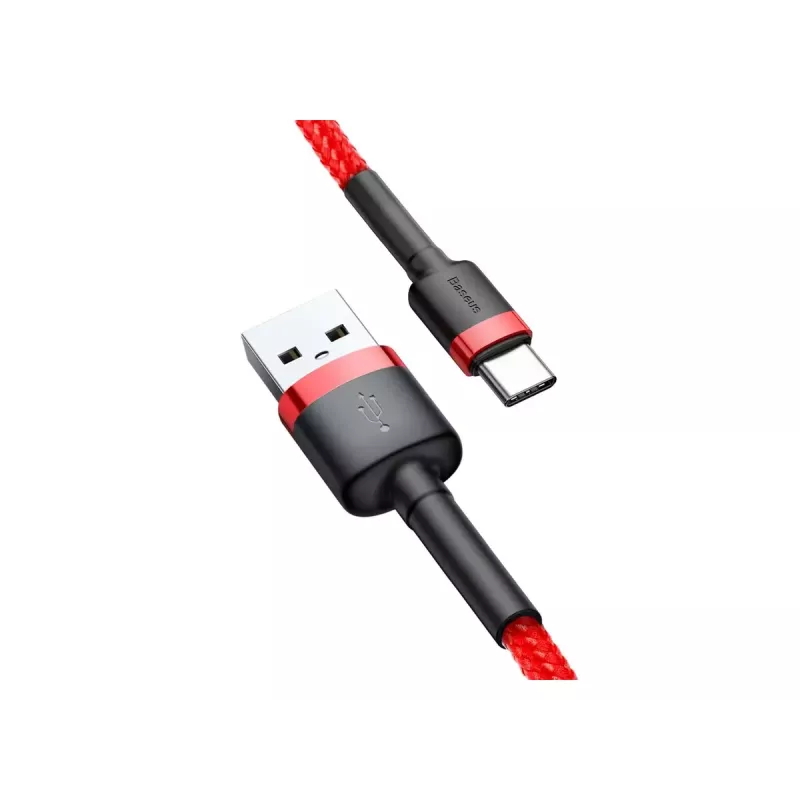 USB-A–USB-C kabelis Baseus Cafule — USB 2.0 A→C, atbalsta QC3.0 uzlādi, neilona pinums, sarkans