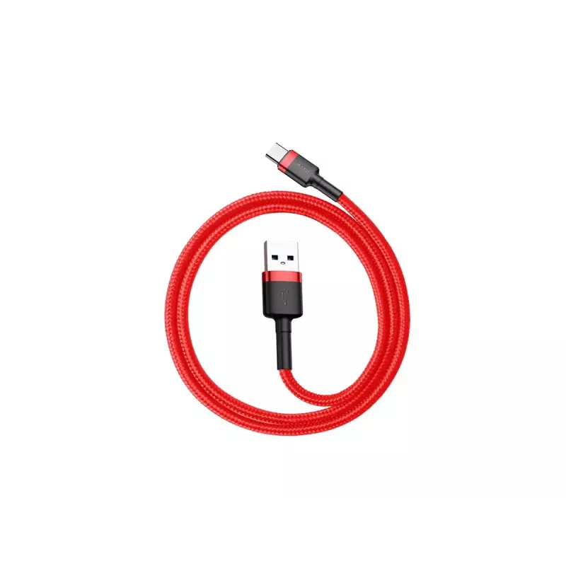 USB-A–USB-C kabelis Baseus Cafule — USB 2.0 A→C, atbalsta QC3.0 uzlādi, neilona pinums, sarkans