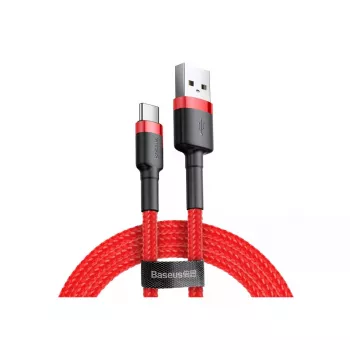 USB-A–USB-C kabelis Baseus Cafule — USB 2.0 A→C, atbalsta QC3.0 uzlādi, neilona pinums, sarkans