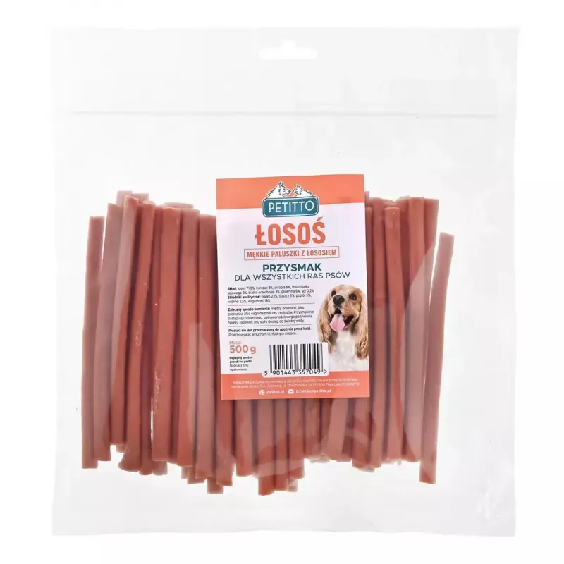 Suņu našķis PETITTO laša kabanos 500 g — laša kabanosa stila našķis suņiem