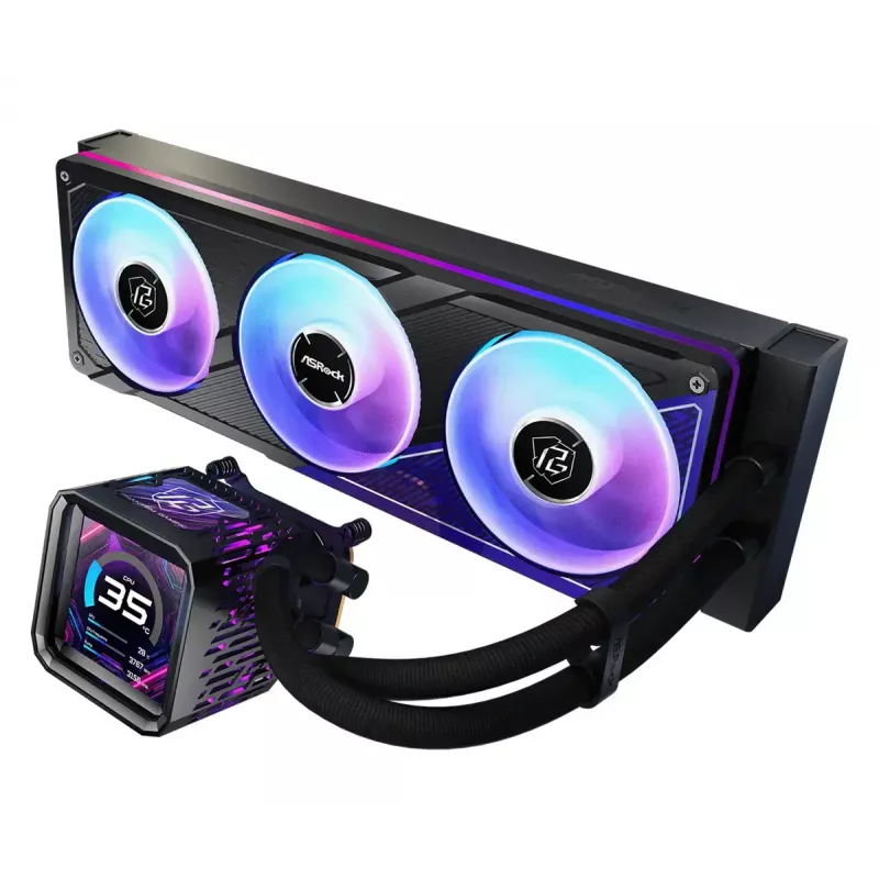 Šķidruma dzesēšanas komplekts ASRock Phantom Gaming 360 LCD — 120 mm ventilatori, LGA1700/AM5/AM4, melns