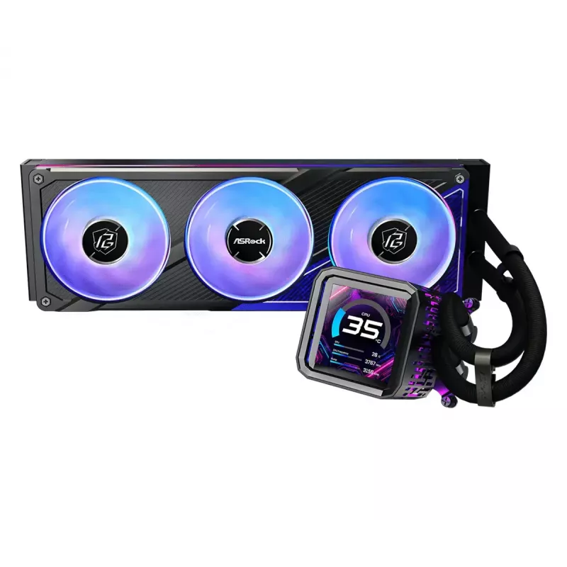 Šķidruma dzesēšanas komplekts ASRock Phantom Gaming 360 LCD — 120 mm ventilatori, LGA1700/AM5/AM4, melns