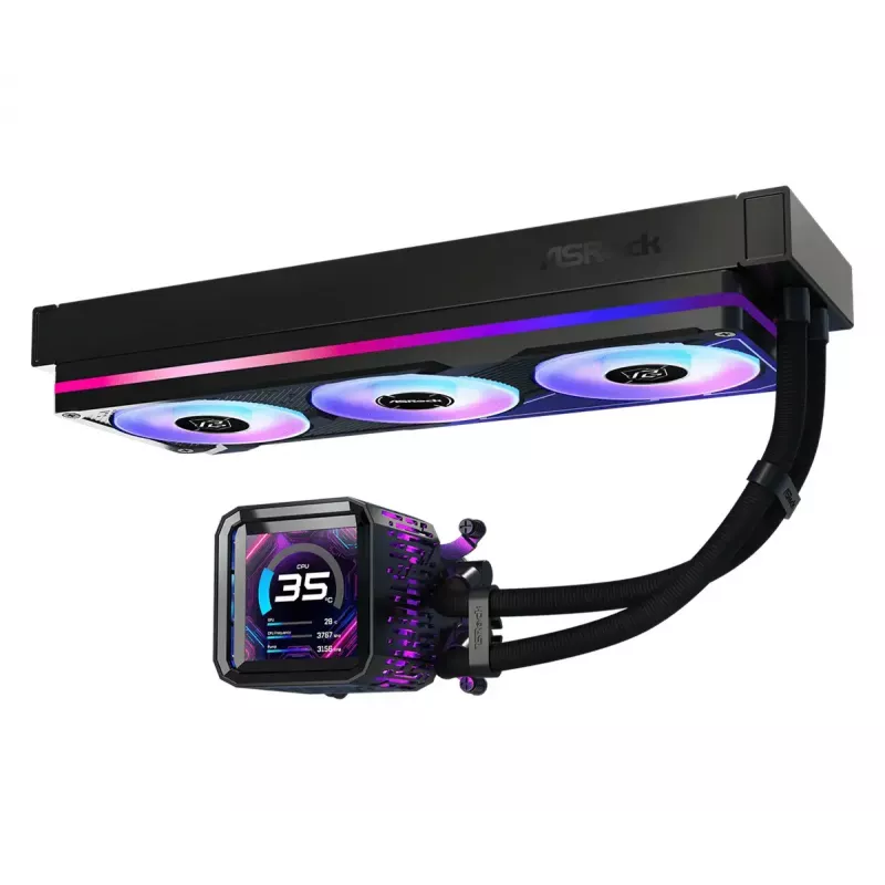 Šķidruma dzesēšanas komplekts ASRock Phantom Gaming 360 LCD — 120 mm ventilatori, LGA1700/AM5/AM4, melns