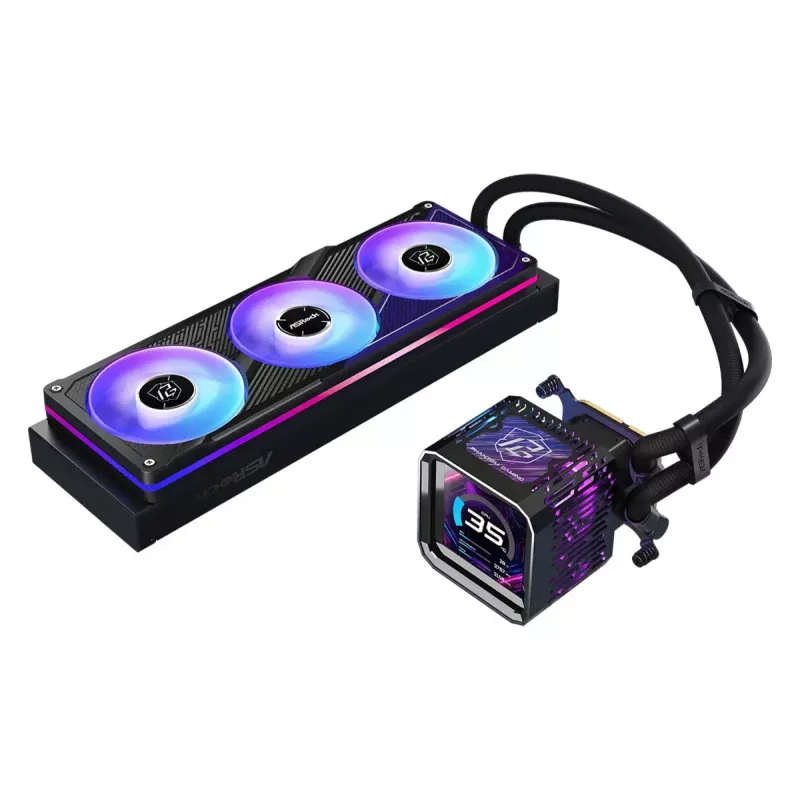 Šķidruma dzesēšanas komplekts ASRock Phantom Gaming 360 LCD — 120 mm ventilatori, LGA1700/AM5/AM4, melns