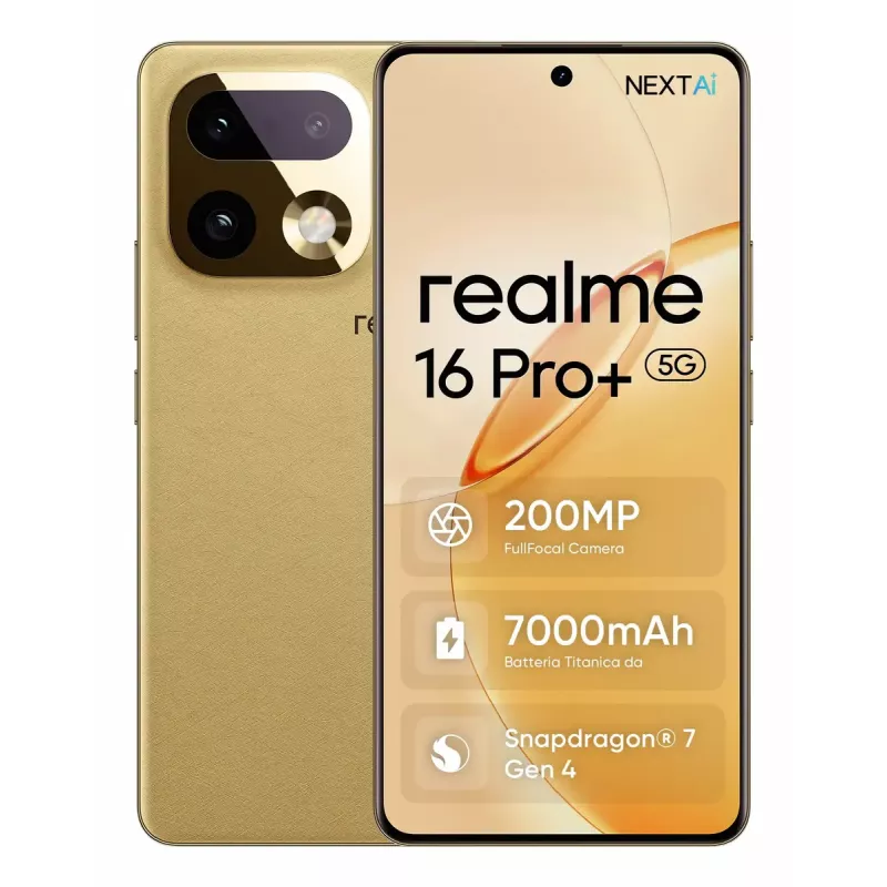 Smartphone REALME realme 16 Pro+ — 6.8 collu (17.3 cm) 1280×2800, Snapdragon 7 Gen 4, 12 GB RAM, 512 GB, 200 MP, 7000 mAh, zelts