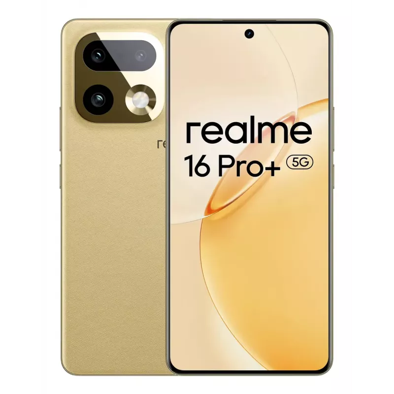 Smartphone REALME realme 16 Pro+ — 6.8 collu (17.3 cm) 1280×2800, Snapdragon 7 Gen 4, 12 GB RAM, 512 GB, 200 MP, 7000 mAh, zelts