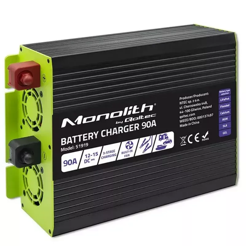 Baterijas lādētājs QOLTEC 51919 90A 12V LiFePO4 AGM GEL SLA baterijām