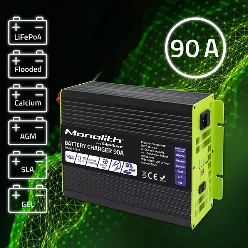 Baterijas lādētājs QOLTEC 51919 90A 12V LiFePO4 AGM GEL SLA baterijām