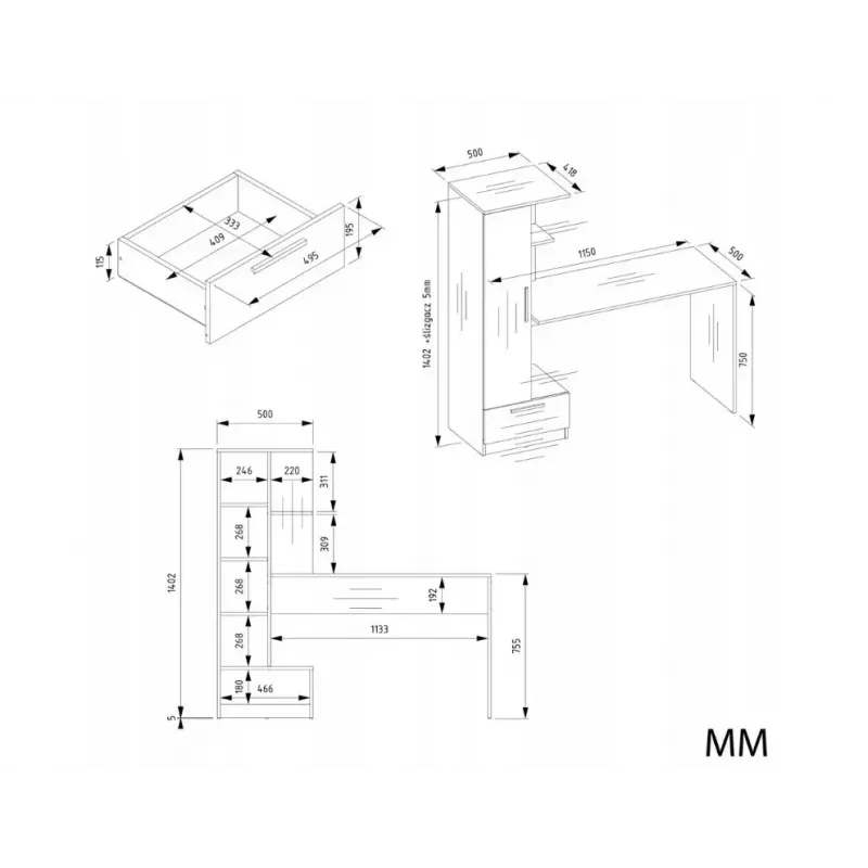 Galda un grāmatu skapja komplekts top e shop COSMO Oak Artisan — Darba virsma 115×50 cm, Platums 1430 mm, Augstums 1400 mm, Dziļums 500 mm, 1 atvilktne