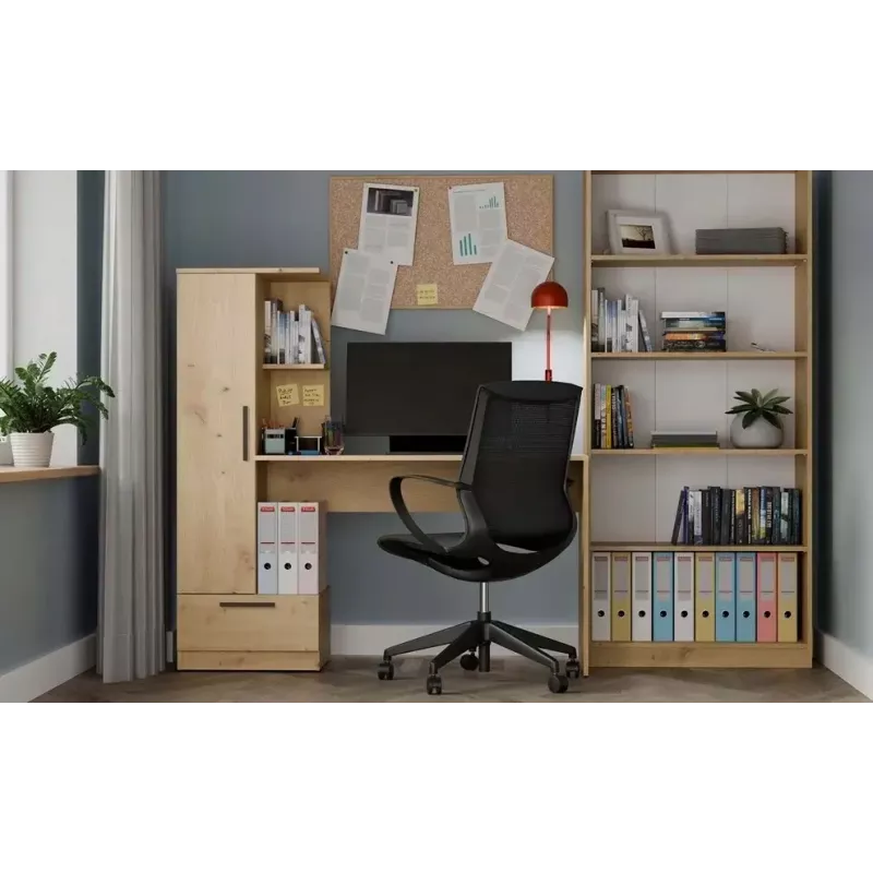 Galda un grāmatu skapja komplekts top e shop COSMO Oak Artisan — Darba virsma 115×50 cm, Platums 1430 mm, Augstums 1400 mm, Dziļums 500 mm, 1 atvilktne