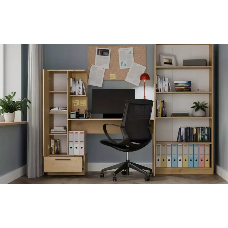 Galda un grāmatu skapja komplekts top e shop COSMO Oak Artisan — Darba virsma 115×50 cm, Platums 1430 mm, Augstums 1400 mm, Dziļums 500 mm, 1 atvilktne