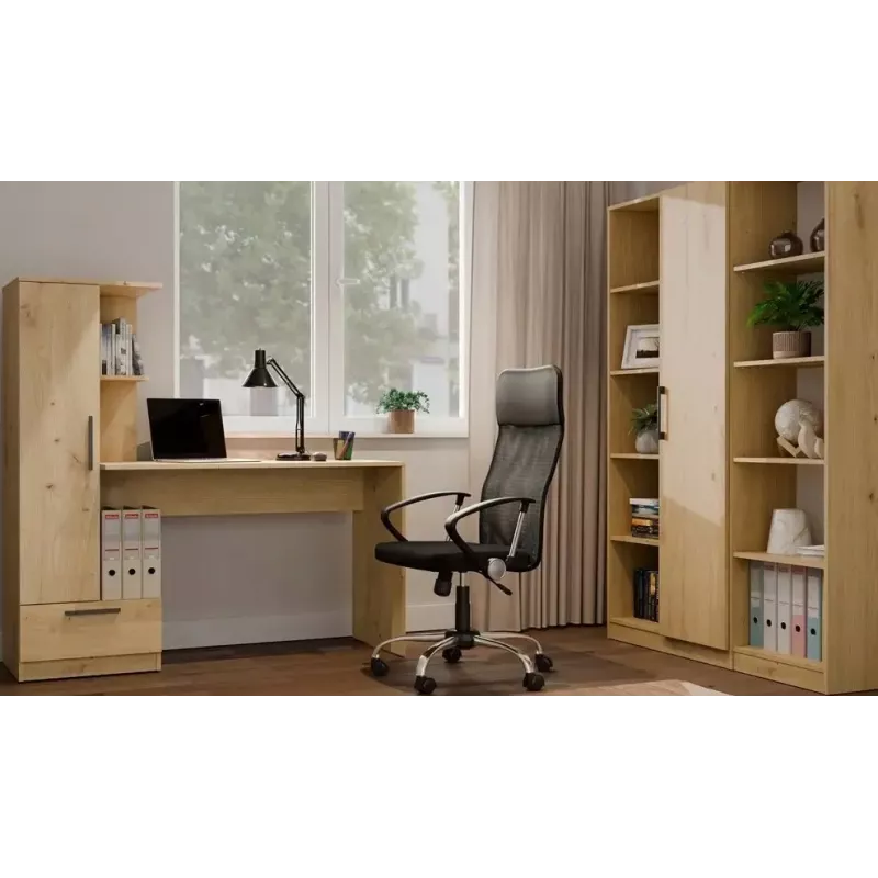 Galda un grāmatu skapja komplekts top e shop COSMO Oak Artisan — Darba virsma 115×50 cm, Platums 1430 mm, Augstums 1400 mm, Dziļums 500 mm, 1 atvilktne