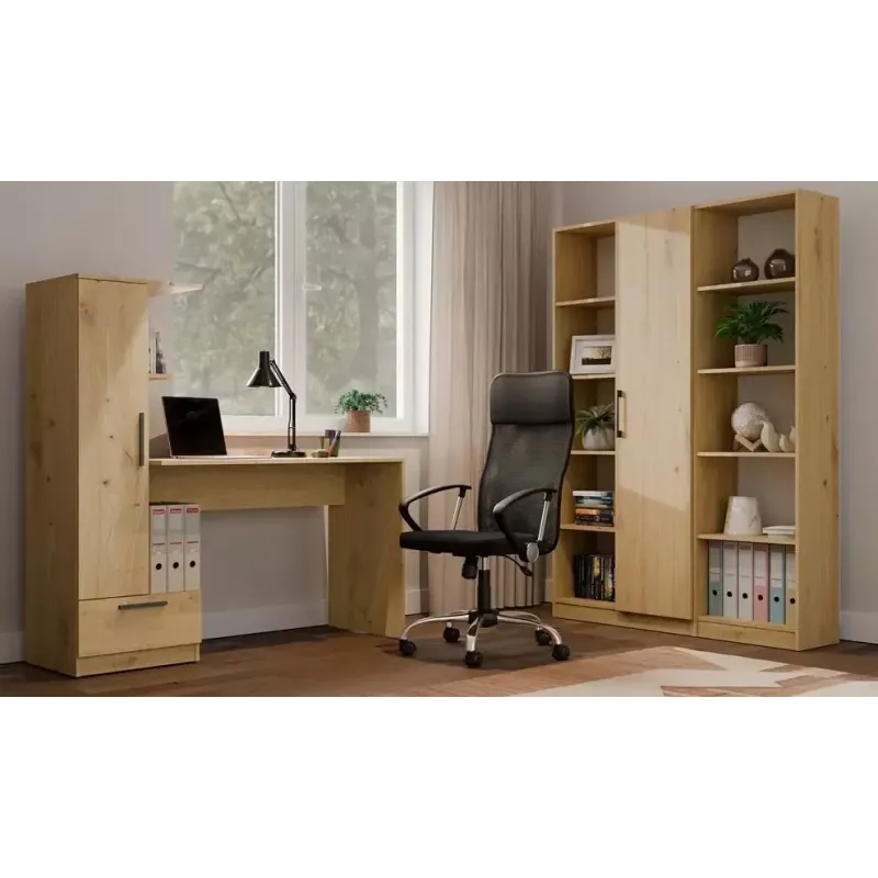 Galda un grāmatu skapja komplekts top e shop COSMO Oak Artisan — Darba virsma 115×50 cm, Platums 1430 mm, Augstums 1400 mm, Dziļums 500 mm, 1 atvilktne