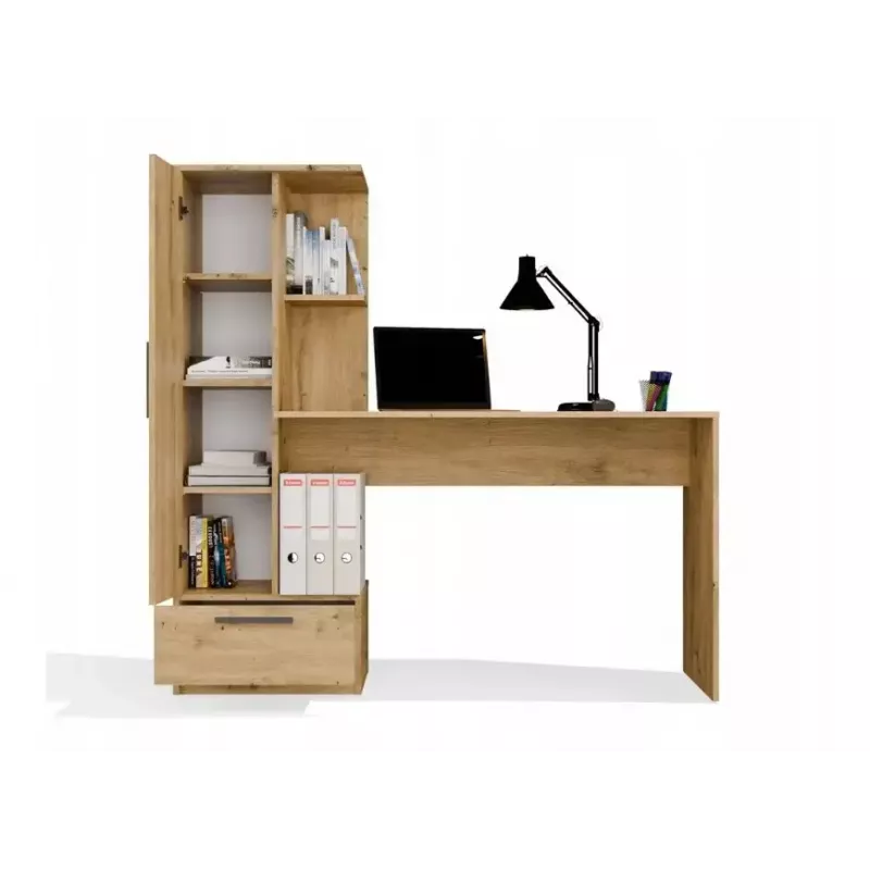 Galda un grāmatu skapja komplekts top e shop COSMO Oak Artisan — Darba virsma 115×50 cm, Platums 1430 mm, Augstums 1400 mm, Dziļums 500 mm, 1 atvilktne