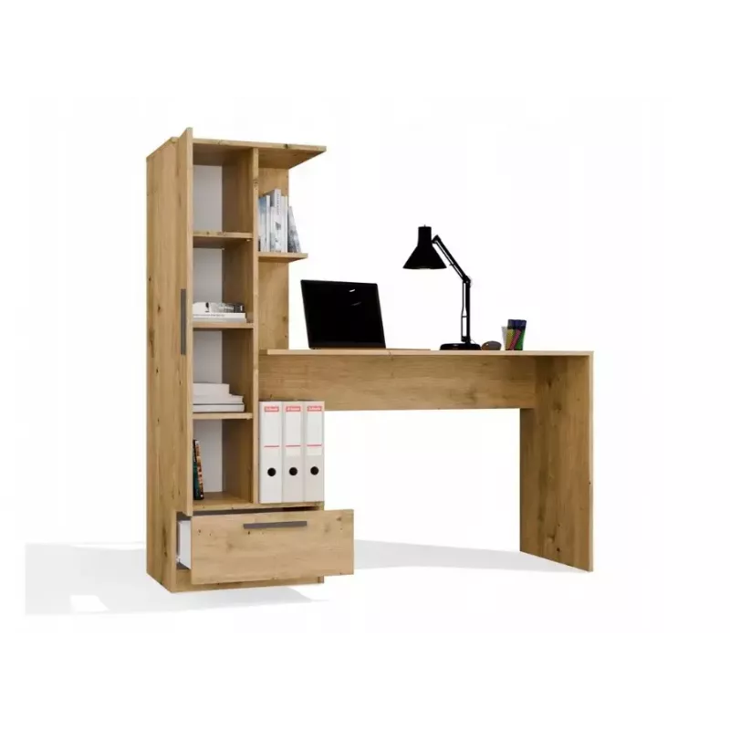 Galda un grāmatu skapja komplekts top e shop COSMO Oak Artisan — Darba virsma 115×50 cm, Platums 1430 mm, Augstums 1400 mm, Dziļums 500 mm, 1 atvilktne