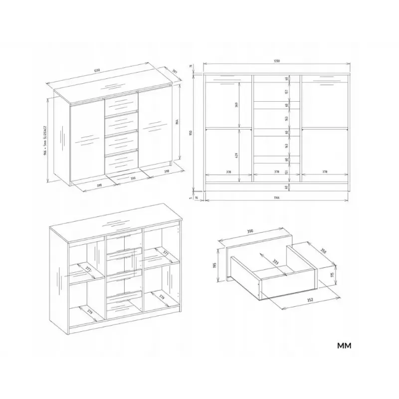 Kumode ar 2 durvīm un 4 atvilktnēm TOP E SHOP M-MP-K-MAL-2D4S/120-KASZ, kašmira, 120×40×97 cm, skaidu plātne
