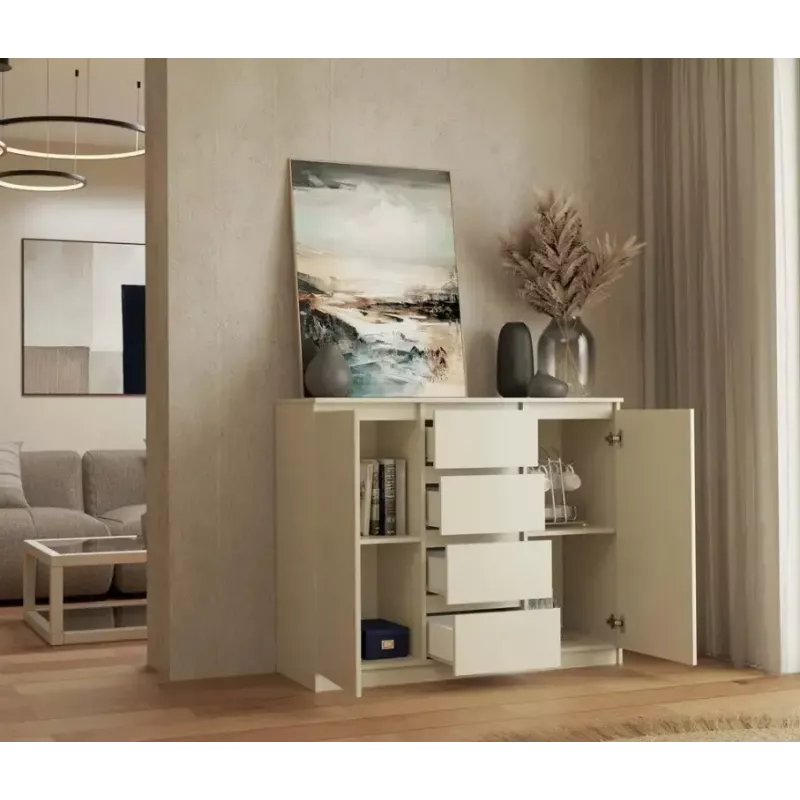 Kumode ar 2 durvīm un 4 atvilktnēm TOP E SHOP M-MP-K-MAL-2D4S/120-KASZ, kašmira, 120×40×97 cm, skaidu plātne