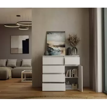Kumode top e shop MALWA 1D5S, 5 atvilktnes, 1 veramas durvis, balta, 1000×400×930 mm, skaidu plāksne