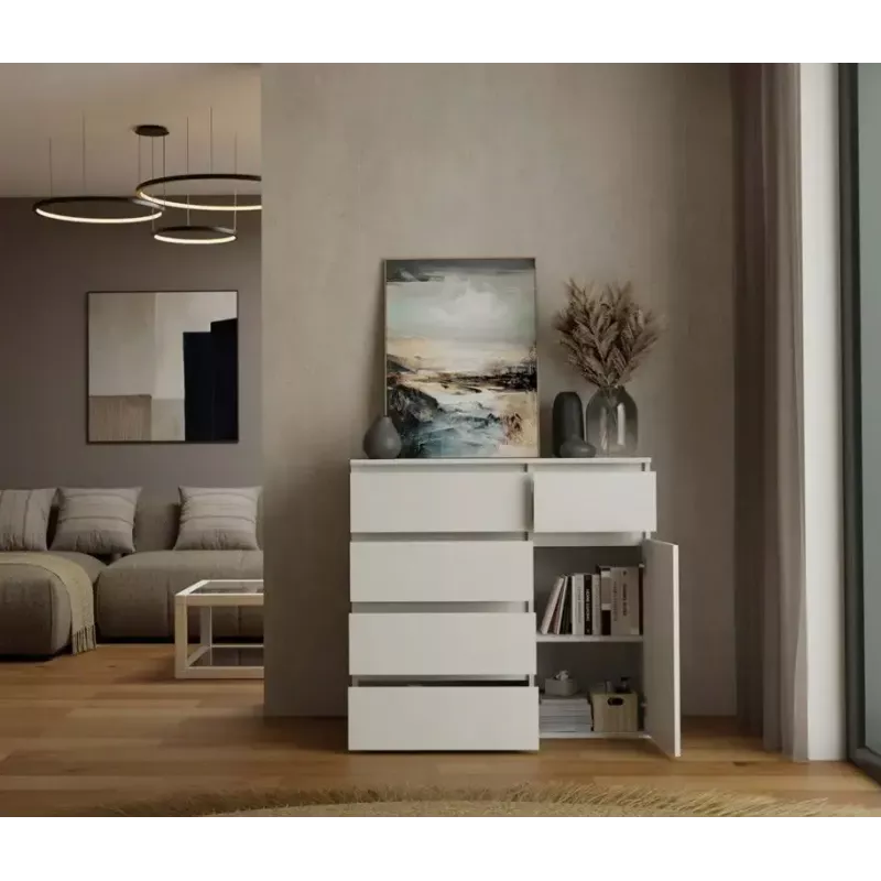 Kumode top e shop MALWA 1D5S, 5 atvilktnes, 1 veramas durvis, balta, 1000×400×930 mm, skaidu plāksne