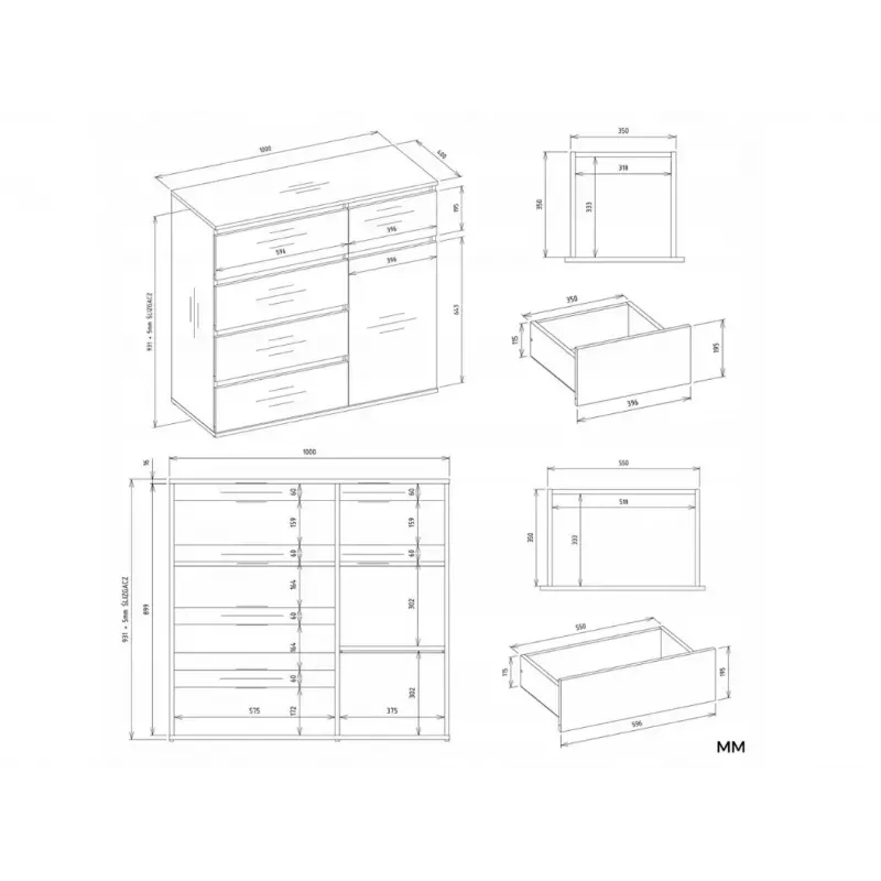 Kumode top e shop MALWA 1D5S, 5 atvilktnes, 1 veramas durvis, balta, 1000×400×930 mm, skaidu plāksne