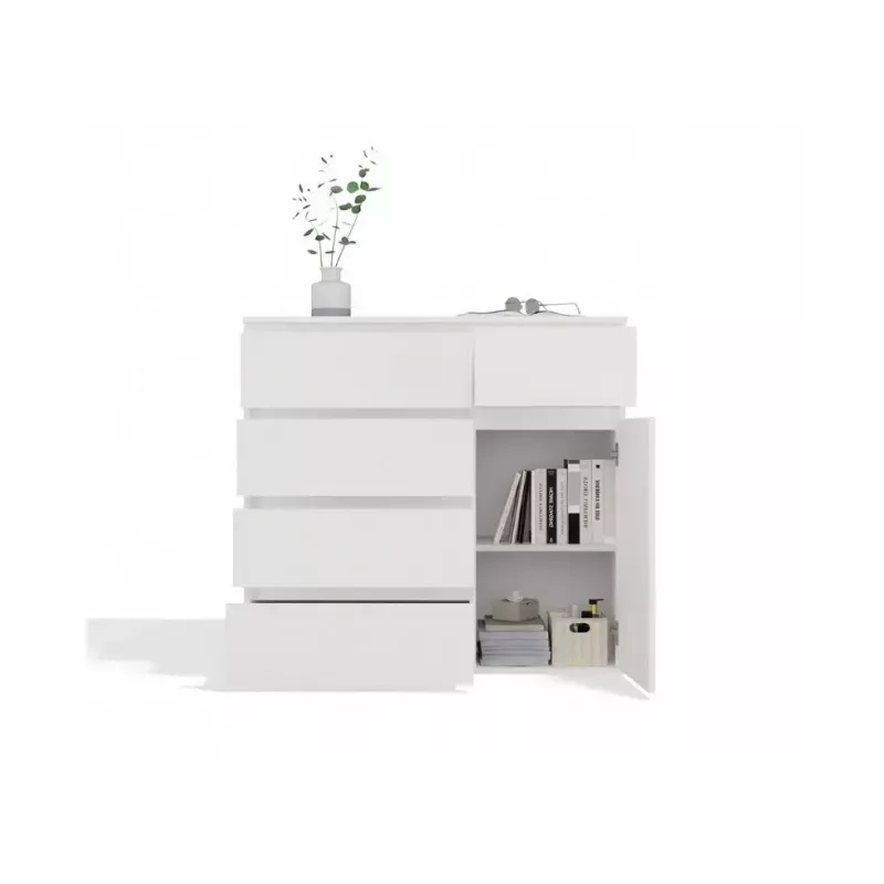 Kumode top e shop MALWA 1D5S, 5 atvilktnes, 1 veramas durvis, balta, 1000×400×930 mm, skaidu plāksne