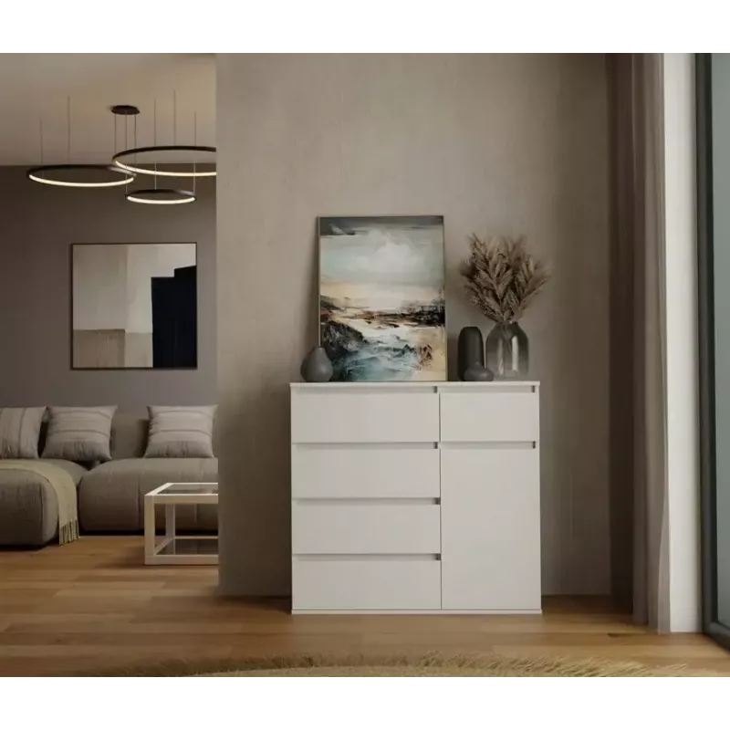Kumode top e shop MALWA 1D5S, 5 atvilktnes, 1 veramas durvis, balta, 1000×400×930 mm, skaidu plāksne