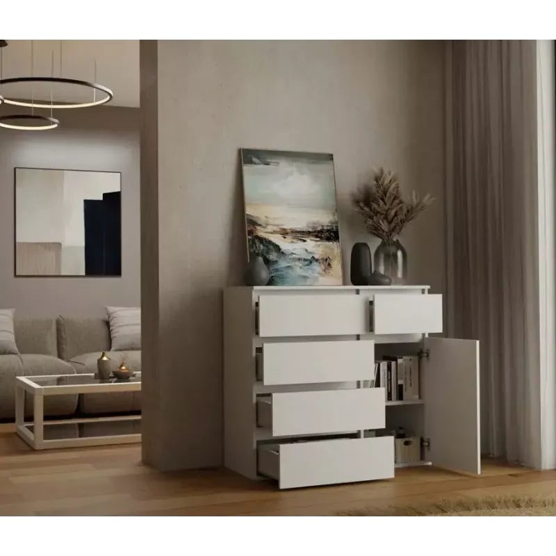 Kumode top e shop MALWA 1D5S, 5 atvilktnes, 1 veramas durvis, balta, 1000×400×930 mm, skaidu plāksne