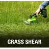 Bezvadu zāles šķēres GreenWorks 1600607VA — 12 cm nerūsējošā tērauda asmens, 24 V Li‑Ion 2 Ah