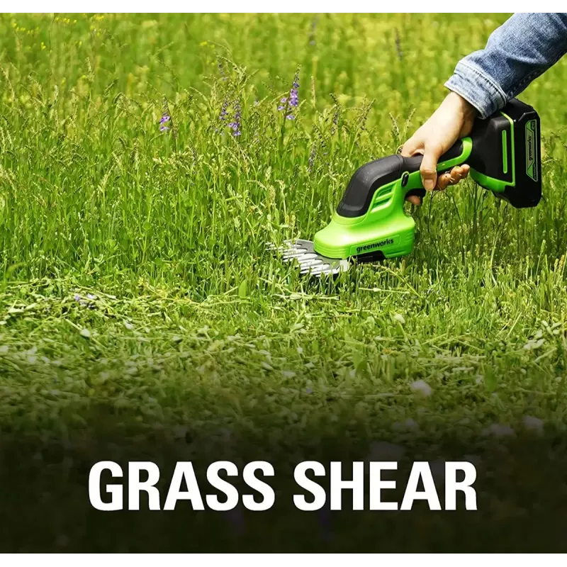 Bezvadu zāles šķēres GreenWorks 1600607VA — 12 cm nerūsējošā tērauda asmens, 24 V Li‑Ion 2 Ah