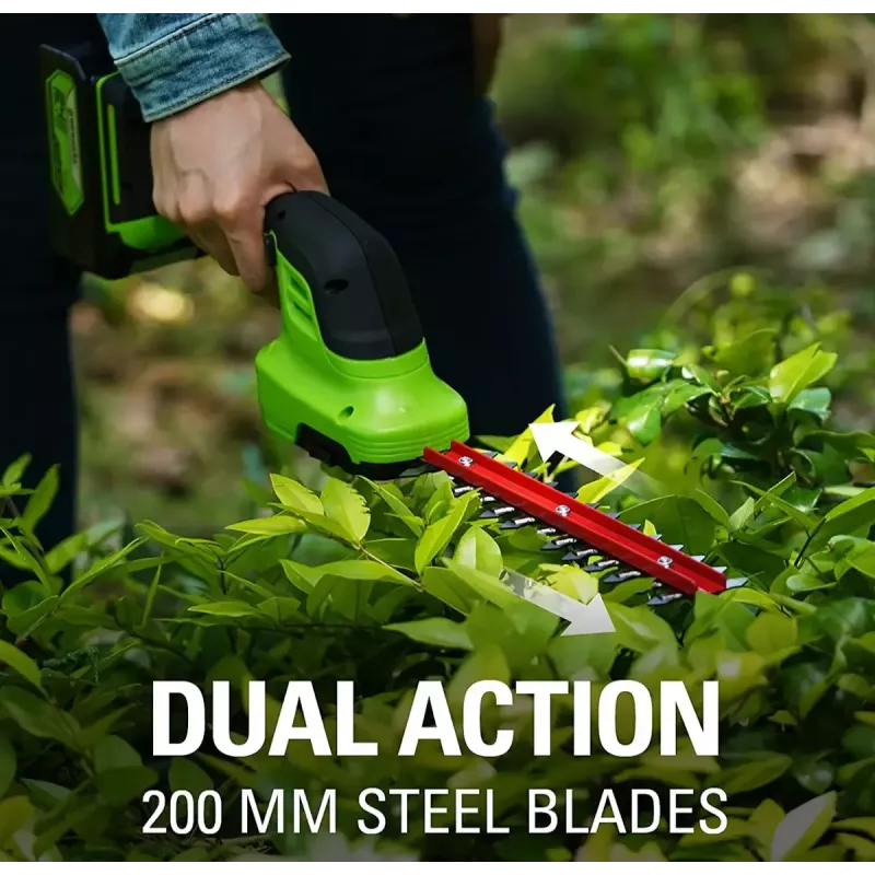 Bezvadu zāles šķēres GreenWorks 1600607VA — 12 cm nerūsējošā tērauda asmens, 24 V Li‑Ion 2 Ah