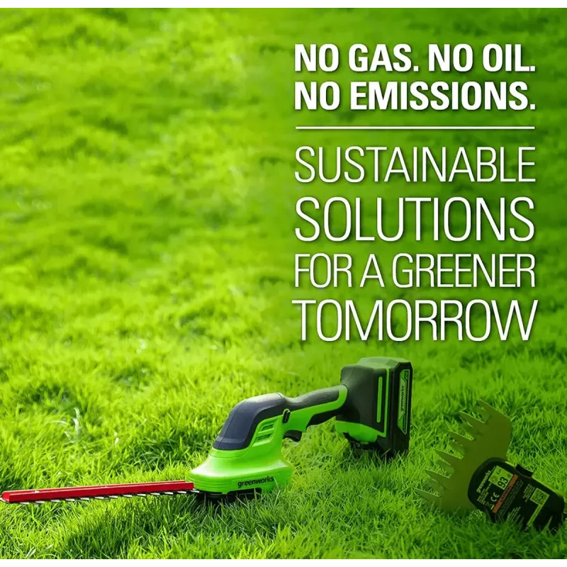 Bezvadu zāles šķēres GreenWorks 1600607VA — 12 cm nerūsējošā tērauda asmens, 24 V Li‑Ion 2 Ah
