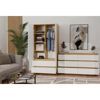 Skapis top e shop MALWA SS-90, 900×500×1800 mm, amatniecības ozolkoka rāmis, baltas veramas durvis, 2 atvilktnes, kokskaidu plātne