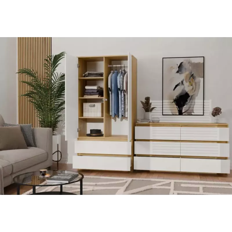 Skapis top e shop MALWA SS-90, 900×500×1800 mm, amatniecības ozolkoka rāmis, baltas veramas durvis, 2 atvilktnes, kokskaidu plātne
