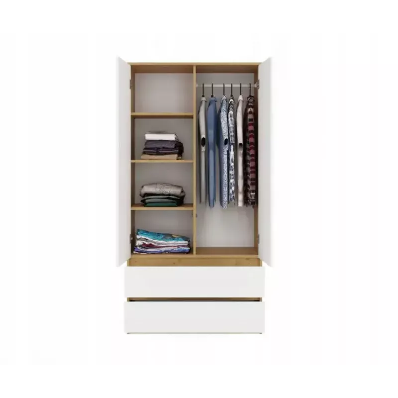 Skapis top e shop MALWA SS-90, 900×500×1800 mm, amatniecības ozolkoka rāmis, baltas veramas durvis, 2 atvilktnes, kokskaidu plātne