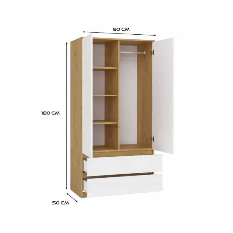 Skapis top e shop MALWA SS-90, 900×500×1800 mm, amatniecības ozolkoka rāmis, baltas veramas durvis, 2 atvilktnes, kokskaidu plātne