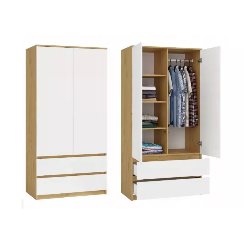 Skapis top e shop MALWA SS-90, 900×500×1800 mm, amatniecības ozolkoka rāmis, baltas veramas durvis, 2 atvilktnes, kokskaidu plātne