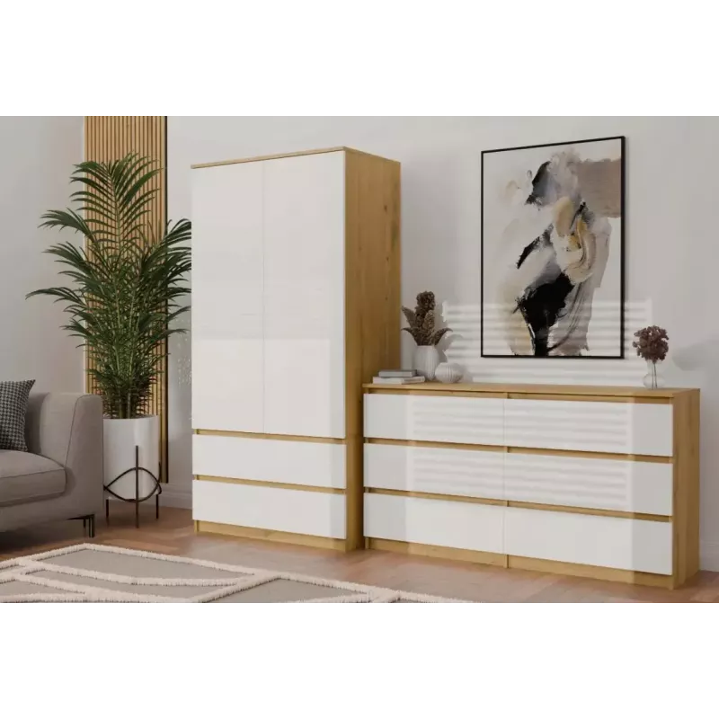 Skapis top e shop MALWA SS-90, 900×500×1800 mm, amatniecības ozolkoka rāmis, baltas veramas durvis, 2 atvilktnes, kokskaidu plātne
