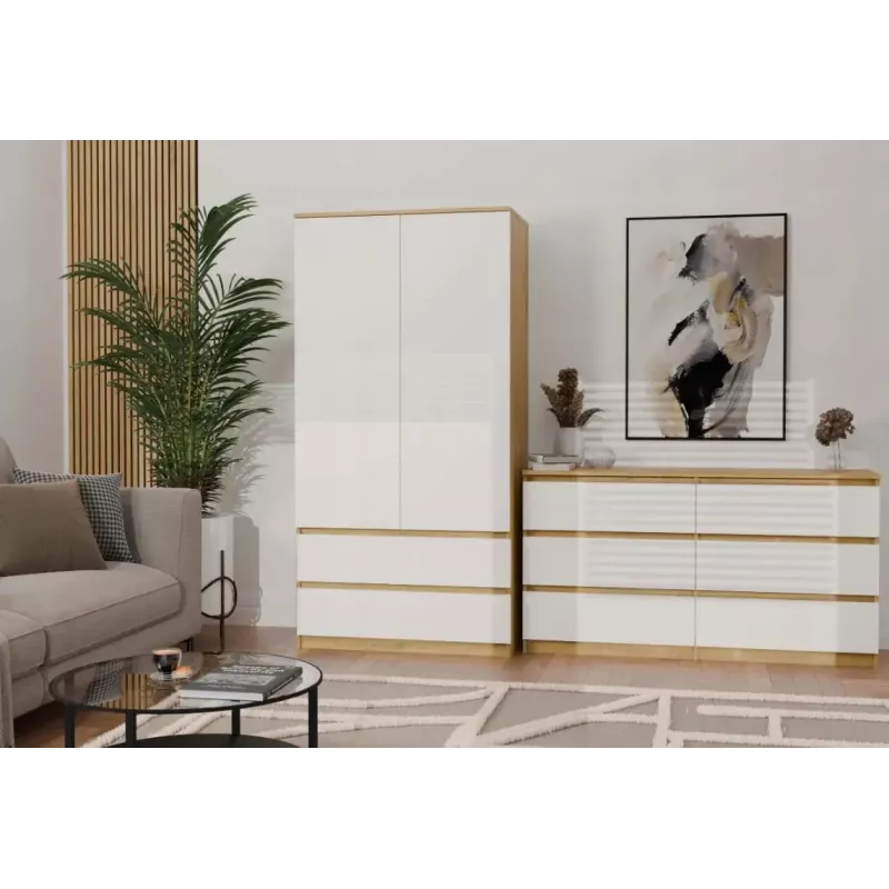Skapis top e shop MALWA SS-90, 900×500×1800 mm, amatniecības ozolkoka rāmis, baltas veramas durvis, 2 atvilktnes, kokskaidu plātne