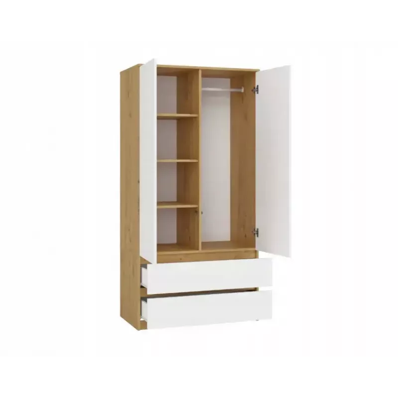 Skapis top e shop MALWA SS-90, 900×500×1800 mm, amatniecības ozolkoka rāmis, baltas veramas durvis, 2 atvilktnes, kokskaidu plātne