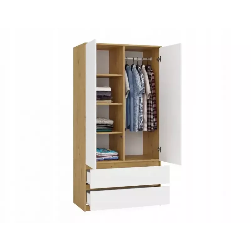 Skapis top e shop MALWA SS-90, 900×500×1800 mm, amatniecības ozolkoka rāmis, baltas veramas durvis, 2 atvilktnes, kokskaidu plātne