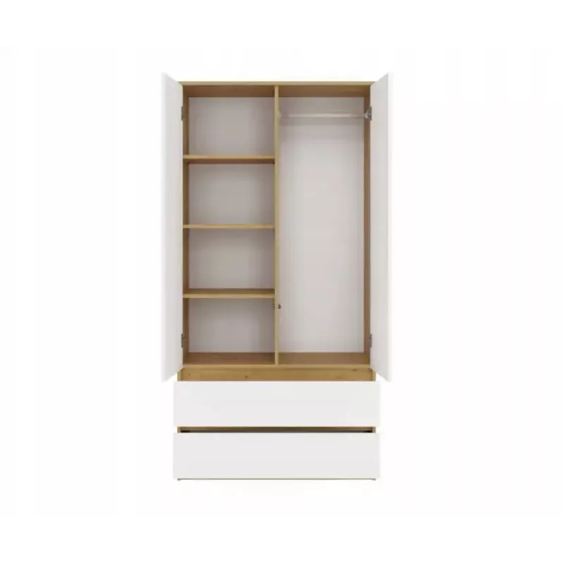 Skapis top e shop MALWA SS-90, 900×500×1800 mm, amatniecības ozolkoka rāmis, baltas veramas durvis, 2 atvilktnes, kokskaidu plātne